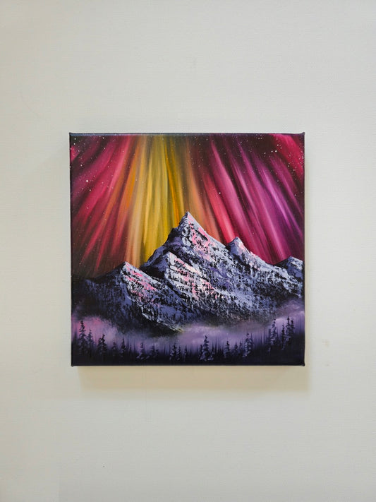 8x8" Original Canvas Painting: Mini Aurora Mountain